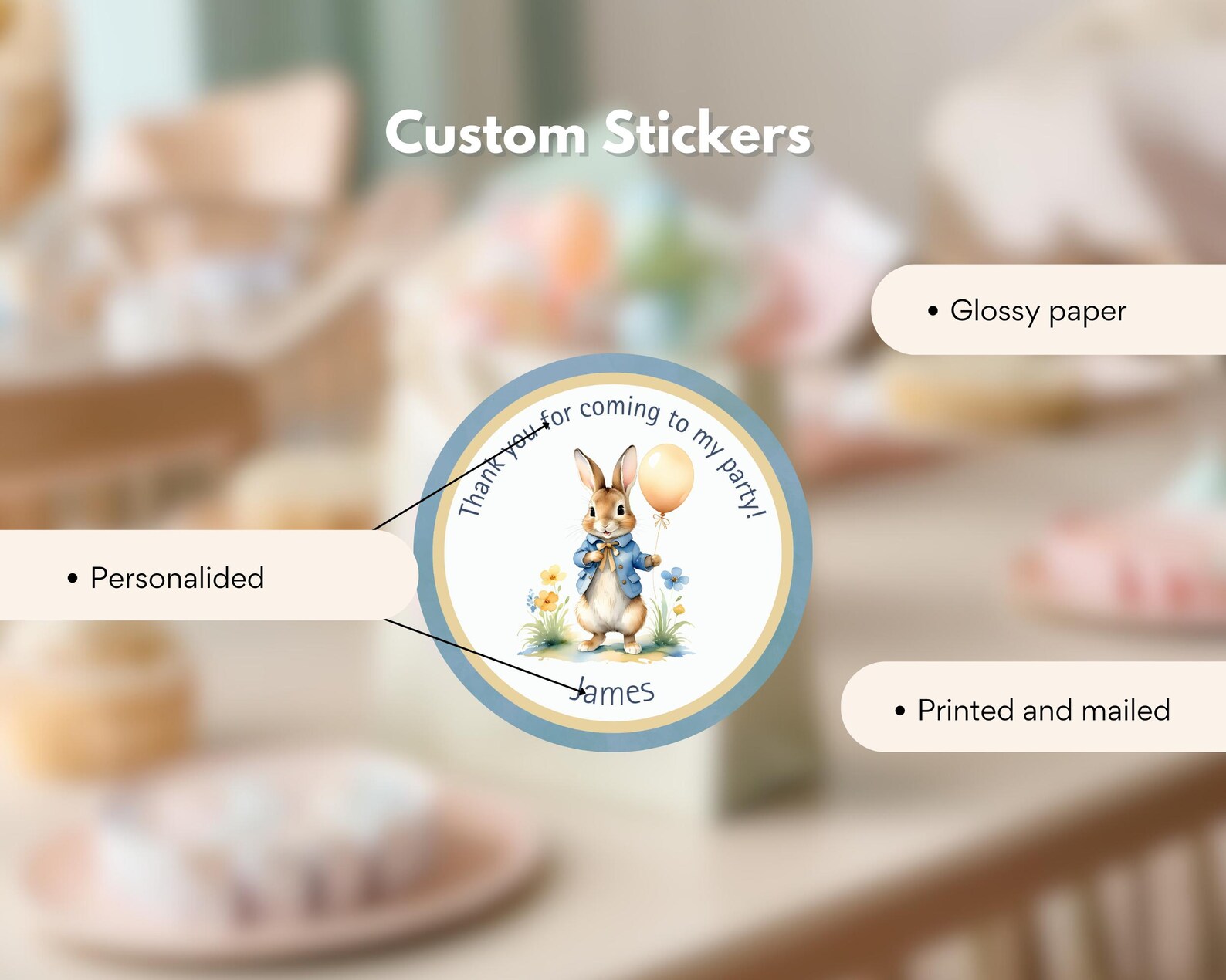 Bunny Birthday Favor Stickers, Rabbit Party Favor Labels, First ...