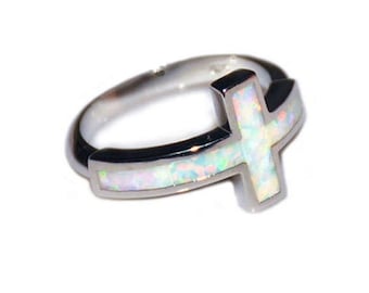Woman's Cross Ring 925 Sterling Sliver White Fire Opal