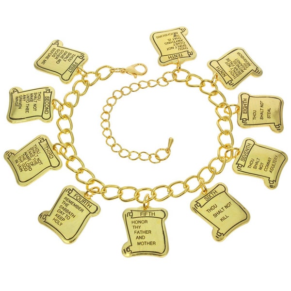 Ten Commandments Gold Charm Bracelet, Christian Jewelry