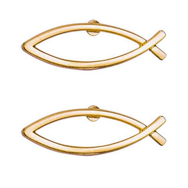 2 Gold Ichthys Jesus Fish Pins, Christian Jewelry