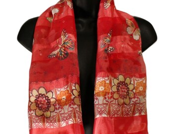 Red Floral Lightweight Square Scarf with Butterfly Accents