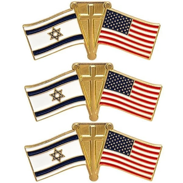 3 American Flag, Israeli Flag & Cross Lapel Pins, Israel Friendship Enamel Pins