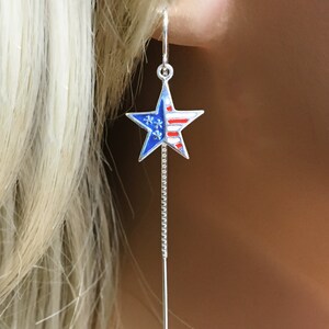 Red White and Blue Earrings, Patriotic Earrings, Fourth of July Flag Earrings, USA, Star Dangle Earrings, Silver Earrings, Ear Threads