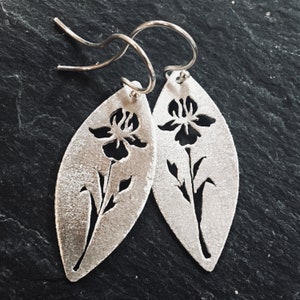 Sterling Silver Iris Earrings, Flower Earrings, Hand Sawn, Hand Pierced, Mother's Day, for mom