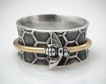 Sterling Silver and Gold Bee Spinner Ring, Silver Spinner Ring, Bee Jewelry, Bee Ring, Honeycomb Ring, Honeycomb Jewelry