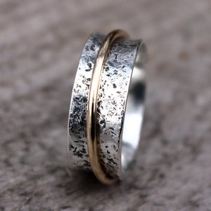 Hammered Sterling Silver Spinner Ring, Wedding Ring, Narrow Spinner Ring, with Gold Spinner 925 Argentium Sterling