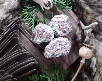 May include: A still life featuring a small animal skull, a bird wing, green foliage, and three silver foil-wrapped objects on a wooden surface.