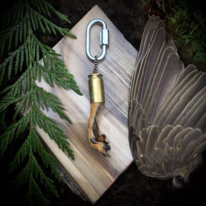 May include: A brass bullet casing keychain with a small, brown and orange animal paw attached. The keychain is hanging on a wooden surface with a bird wing in the background.