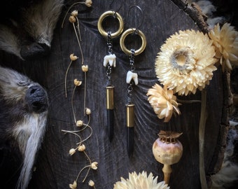 Scavenged Raccoon Tooth Earrings with Stone Bullets, Brass Chains, Feral Fashion, Witchy, Metal, Roadkill, Taxidermy, All Gender Jewelry