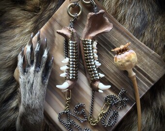 Scavenged Raccoon Jaw Beaded Earrings, Brass Chain Tassels, Beadwork, Feral Fashion, Witchy, Metal, Roadkill, Taxidermy, All Gender Jewelry