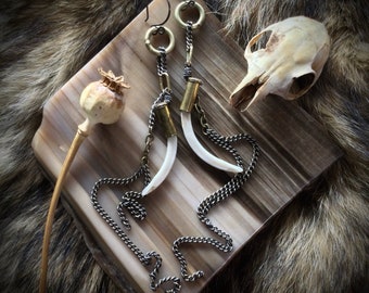 Scavenged Muskrat Teeth Asymmetrical Earrings, Brass Chain Tassels, Feral Fashion, Witchy, Metal, Wilderpunk, Gold, All Gender Jewelry