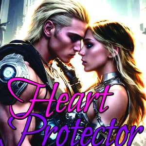May include: A book cover featuring a couple embracing, with the title "Heart Protector" in pink and purple lettering. The text "Forbidden Alien Romance" is below the title in yellow.