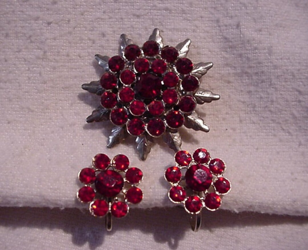 Ruby Red Flower Brooch / Pin & Screw Back Earrings Etsy