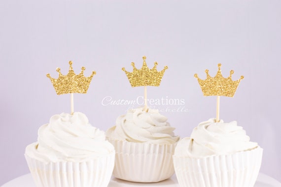 Set of 12 Prince Crown Glittery Cupcake Toppers