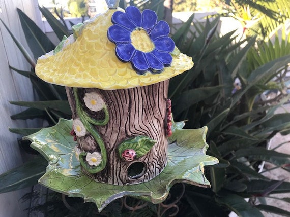Whimsical Bird Feeder With Ladybugs Flowers And Vines Etsy