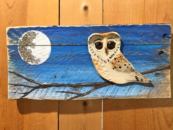 Ceramic Barn Owl Art On Pallet Wood With Antique Glitter Etsy