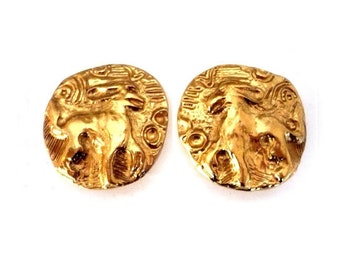 YVES SAINT LAURENT ~ Authentische Vintage Massive Vergoldete Ohrclips - Chimera Lion