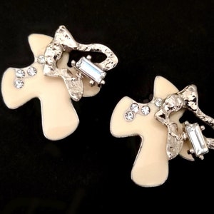 CHRISTIAN LACROIX ~ Authentic Vintage Silver Plated Enameled Cross/Flower Clip On Earrings - CL - Clear Rhinestones Crystal Swarovski
