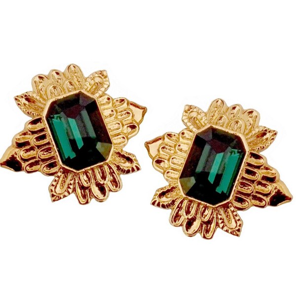 GUY LAROCHE ~ Authentic Vintage Gorgeous Gold Tone Clip-On Earrings - Green Crystal Swarovski