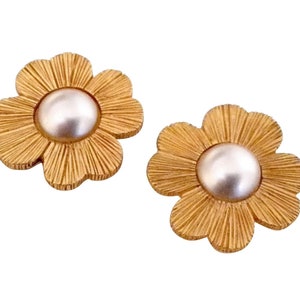 YVES SAINT LAURENT Authentic Vintage Gorgeous Massive Gold Plated Flower Clip-On Earrings Faux Mother Of Pearl Bead image 1