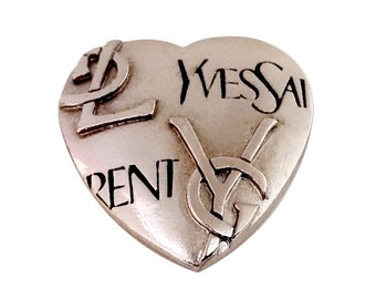 YVES SAINT LAURENT ~ Authentic Vintage Silver Plated Heart Brooch/Pendant - Logo Monogram