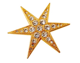 YVES SAINT LAURENT ~ Authentic Vintage Gold Plated Star Brooch - Clear Rhinestones Crystal Swarovski