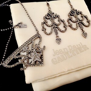 JP GAULTIER ~ Authentic Vintage Diamantes Star Necklace & Heart Chandelier Earrings Set