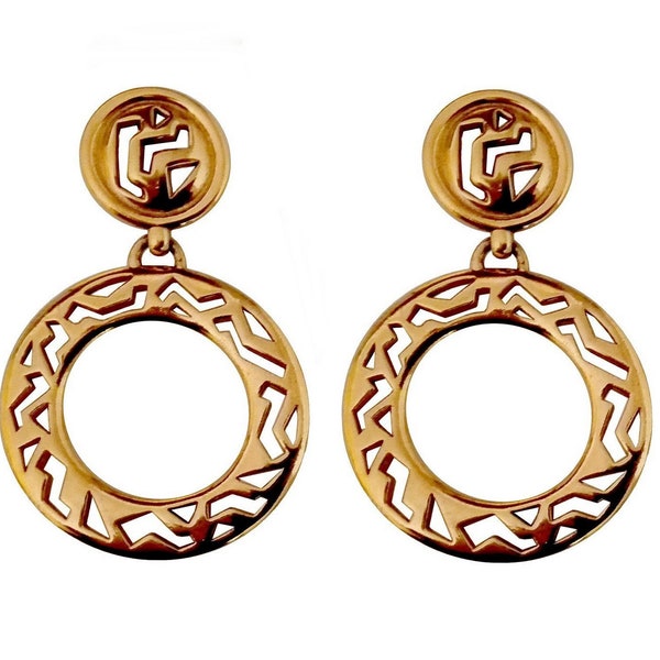 GUY LAROCHE ~ Authentic Vintage Massive Gold Tone Round Clip-On Earrings/Creole/Hoop/Dangle - Geometric Symbols Abstract