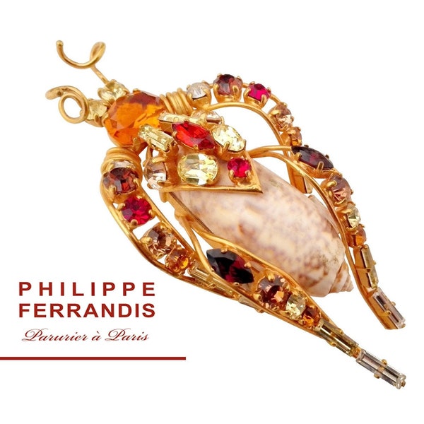 PHILIPPE FERRANDIS ~ Authentic Vintage Massive Gorgeous Gold Plated Scarab/Cricket/Insect Brooch - Rhinestones Crystal Swarovski - SeaShell