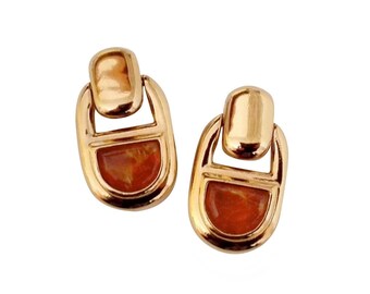 GUY LAROCHE ~ Authentique boucles d'oreilles pendantes clip/pendentées vintage dorées et ambrées