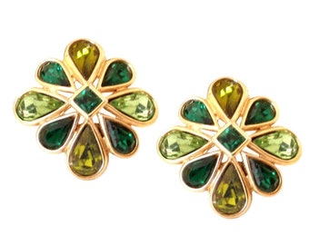 YVES SAINT LAURENT ~ Authentic Vintage Gold Plated Green Flower Clip-On Earrings - Rhinestones Crystal Swarovski