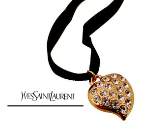 YVES SAINT LAURENT ~ Authentic Vintage Gold Plated Heart Pendant Necklace - Rhinestones Swarovski Crystal