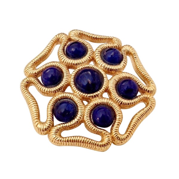 GUY LAROCHE ~ Authentic Vintage Gold Tone Round Circle Flower Arabesque Brooch -  Blue Marine Beads