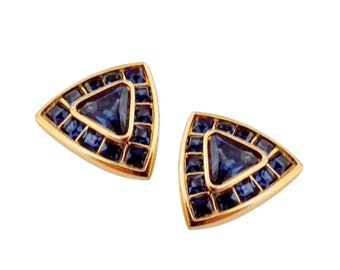 YVES SAINT LAURENT ~ Authentic Vintage Gold Plated Triangle Clip-On Earrings - Blue Sapphire Emerald Rhinestones Crystal Swarovski