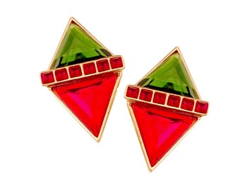 YVES SAINT LAURENT ~ Authentic Vintage Gorgeous Massive Gold Plated Triangle Green & Red Clip-On Earrings - Rhinestones Crystal Swarovski