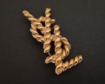 YVES SAINT LAURENT ~ Authentic Vintage Gold Plated Brooch - Logo Monogram