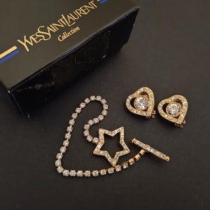 YVES SAINT LAURENT ~ Authentic Vintage Gold Plated Heart Clip-On Earrings & Star Bracelet Set Matching - Clear Crystal Swarovski Rhinestones