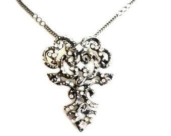 CHRISTIAN LACROIX ~ Authentique collier plaqué argent vintage - strass cristal Swarovski - monogramme logo - CL