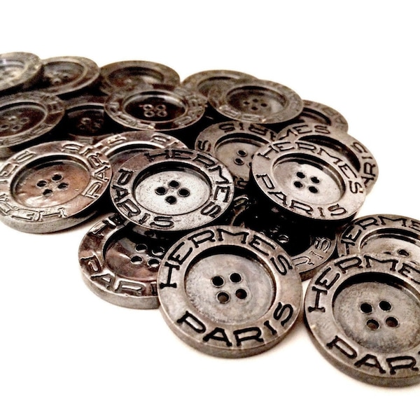 HERMES ~ Authentique boutons gris anthracite métallisé vintage vintage - Prix pour 1 bouton - Monogramme logo