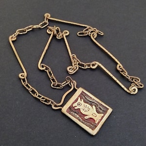 MARCEL BUFFET ~ Authentic Vintage Brutalist Totem Bird Brass Copper Bronze Pendant Long Necklace/Chain - Ethnic Inspiration - Peruvian Aztec