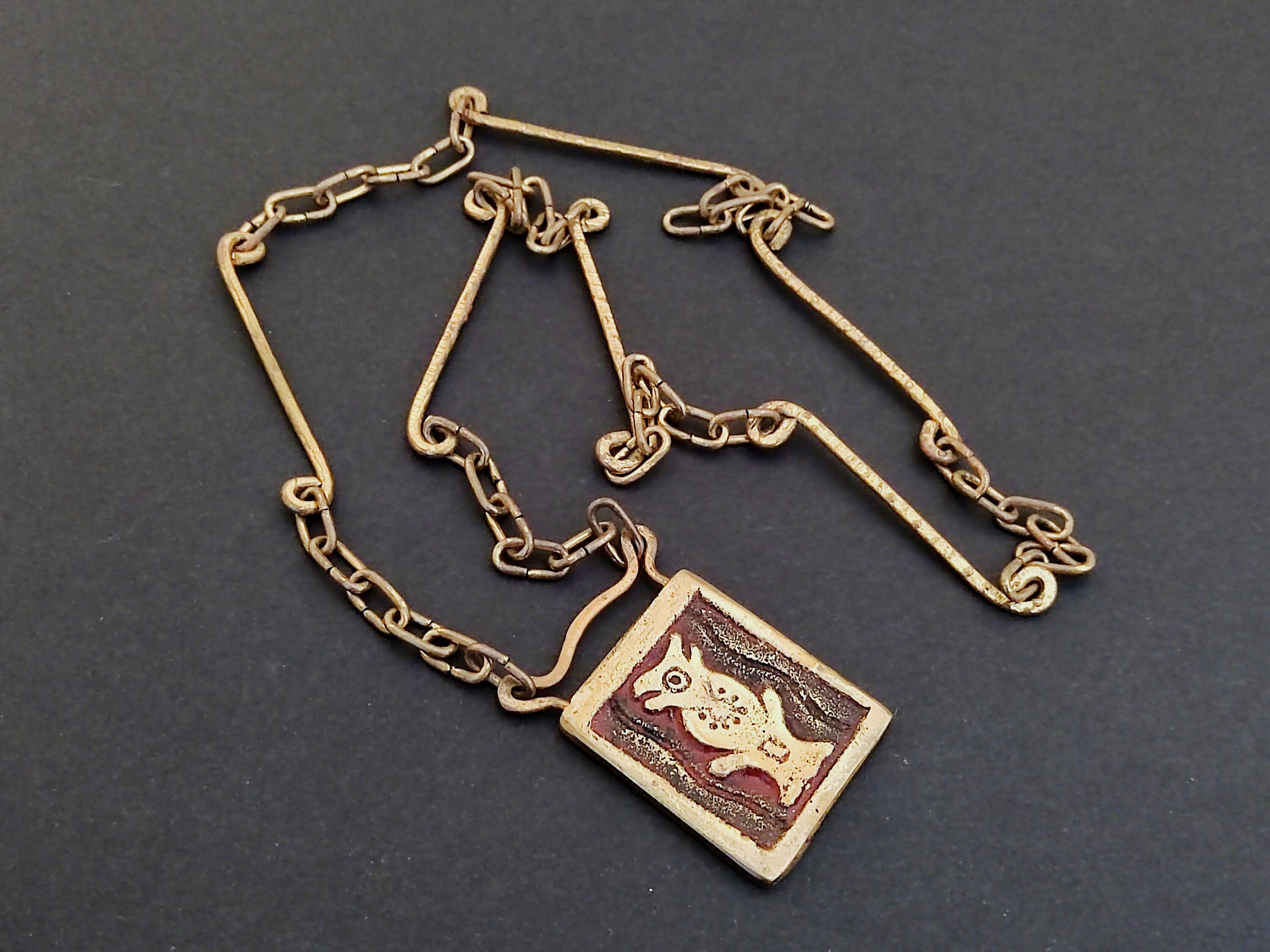 MARCEL BUFFET ~ Authentic Vintage Brutalist Totem Bird Brass Copper Bronze Pendant Long Necklace/Chain - Ethnic Inspiration - Peruvian Aztec