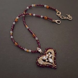 CHRISTIAN LACROIX ~ Authentic Vintage beaded Heart Necklace/Choker - Glass Beads Crystal Clear Rhinestones - CL