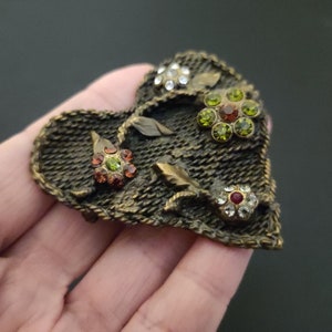 CHRISTIAN LACROIX ~ Authentic Vintage Heart Brooch - Patina Brutalist - Leaf Leaves Flower - CL