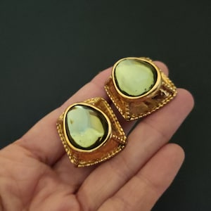YVES SAINT LAURENT ~ Authentic Vintage Gorgeous Gold Plated Green Clip-On Earrings - Glass Poured - Gripoix - Goossens