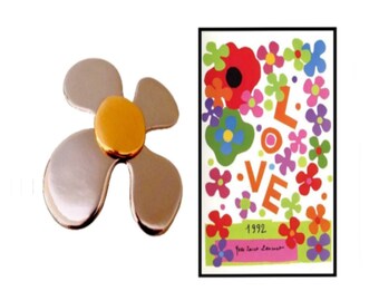 YVES SAINT LAURENT ~ Authentic Vintage Silver & Gold Plated Metal Flower Brooch/Pendant - Collection Love 1992 - Pop Psychedelic Seventies