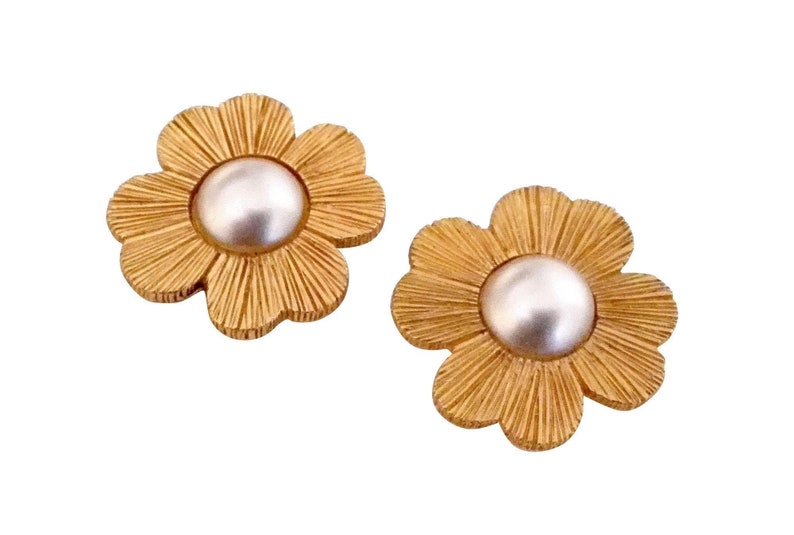 YVES SAINT LAURENT Authentic Vintage Gorgeous Massive Gold Plated Flower Clip-On Earrings Faux Mother Of Pearl Bead image 1