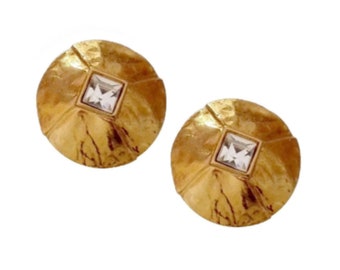 YVES SAINT LAURENT ~ Authentische Vintage Massive Gold Plated Runde Disc Ohrclips - Klare Strasssteine Swarovski