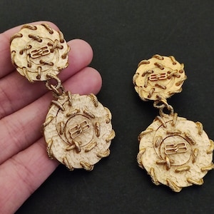 BALENCIAGA ~ Authentic Vintage Gold Plated Dangle Clip On Earrings - Logo Monogram - BB
