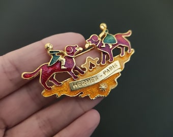 HERMES  ~ Authentic Vintage Gold Plated Enameled Brooch