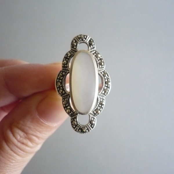 Antique Art Deco Filigree Ring - Solid Silver/Sterling Silver - Marcasites - Opaline/Mother Of Pearl